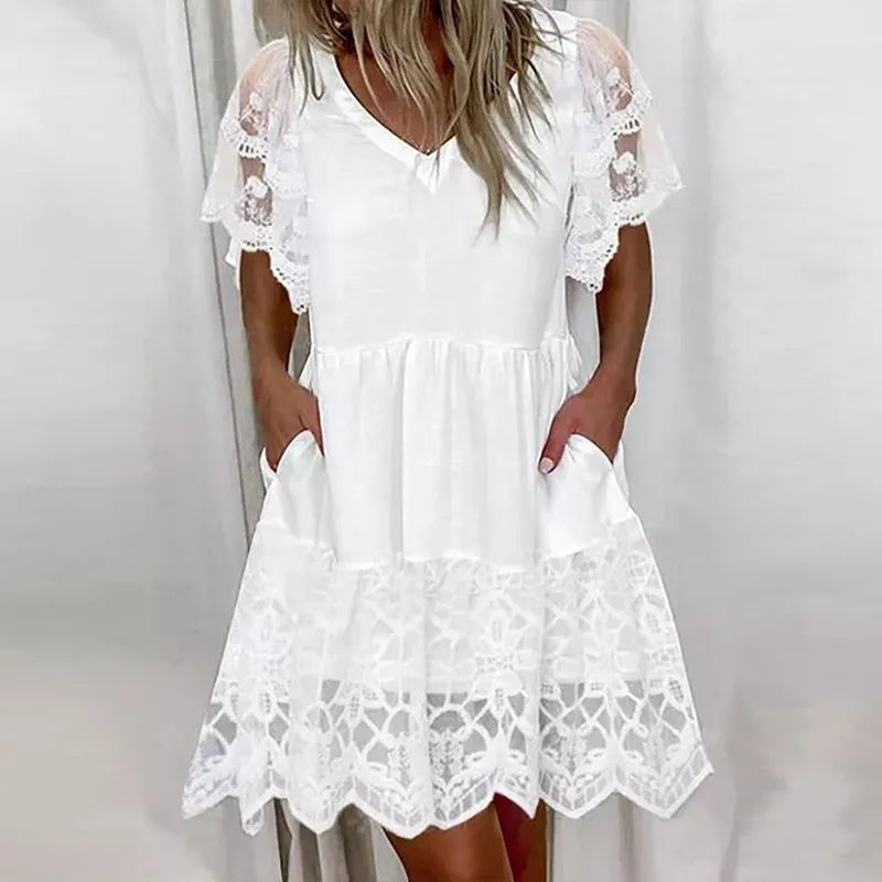 Vestido branco com detalhes em renda para mulheres, verão 2025